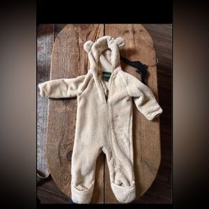 6-12 month full body snowsuit/outerwear in white sherpa with bear ears. Like new